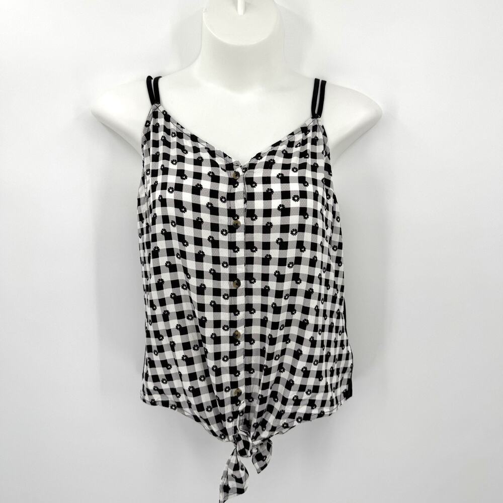 Maurices Womens XL Tank Top Black White Gingham Spaghetti Strap Tie Front